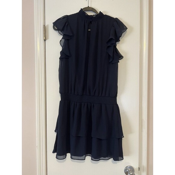 1 STATE Dress Women Large Navy Blouson Mini Ruffle Flutter Sleeve Smocked Fair - Picture 3 of 9